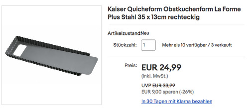 Kaiser Quicheform Obstkuchenform La Forme Plus 35 x 13cm, herausnehmbarer Boden - jetzt 12% billiger Kaiser Quicheform Obstkuchenform La Forme Plus 35 x 13cm, herausnehmbarer Boden - jetzt 12% billiger
