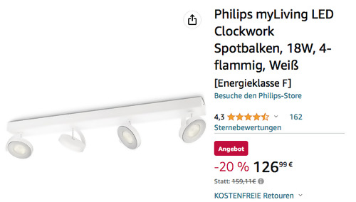 Philips 531743116 myLiving 4-flg. LED Clockwork Spotbalken in Weiß, 18W - jetzt 6% billiger Philips 531743116 myLiving 4-flg. LED Clockwork Spotbalken in Weiß, 18W - jetzt 6% billiger