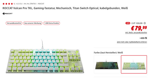 ROCCAT Vulcan Pro TKL Gaming-Tastatur in Weiß (Titan Switch Optical, AIMO-Beleuchtung, kabelgebunden) ROCCAT Vulcan Pro TKL Gaming-Tastatur in Weiß (Titan Switch Optical, AIMO-Beleuchtung, kabelgebunden)
