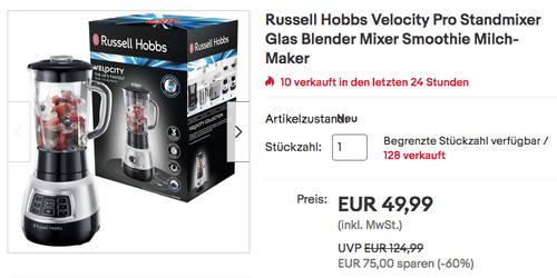 Russell Hobbs 25720-56 Velocity Pro Standmixer (1000 Watt, 1,5 Liter Glasbehälter) - jetzt 27% billiger Russell Hobbs 25720-56 Velocity Pro Standmixer (1000 Watt, 1,5 Liter Glasbehälter) - jetzt 27% billiger