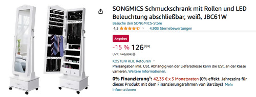 Songmics JBC61W  Schmuckschrank mit Rollen und LED Beleuchtung, 156×45×35 cm - jetzt 11% billiger Songmics JBC61W  Schmuckschrank mit Rollen und LED Beleuchtung, 156×45×35 cm - jetzt 11% billiger