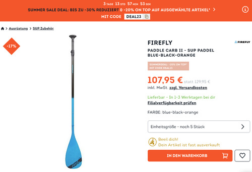 SportScheck.com - 20% Rabatt auf ausgewählte Artikel: z.B. FIREFLY Paddle CARB II - SUP Paddel in Blue-Black-Orange (160 210 cm, 3-tlg.) SportScheck.com - 20% Rabatt auf ausgewählte Artikel: z.B. FIREFLY Paddle CARB II - SUP Paddel in Blue-Black-Orange (160 210 cm, 3-tlg.)