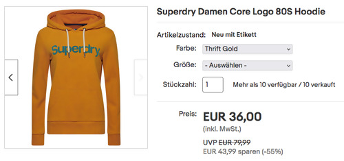 Superdry Damen Core Logo 80S Hoodie in Thrift Gold, 36-42 Superdry Damen Core Logo 80S Hoodie in Thrift Gold, 36-42