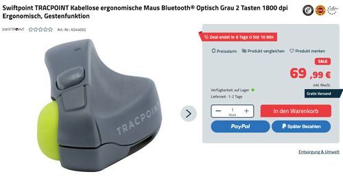 Swiftpoint TRACPOINT Kabellose ergonomische PC-Reisemaus (Präsentationsklicker, 2 Tasten, 1800 dpi) Swiftpoint TRACPOINT Kabellose ergonomische PC-Reisemaus (Präsentationsklicker, 2 Tasten, 1800 dpi)