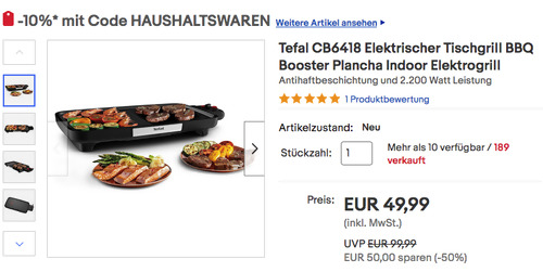 Tefal CB6418 BBQ Booster Plancha Tischgrill, 2200 Watt - jetzt 25% billiger
