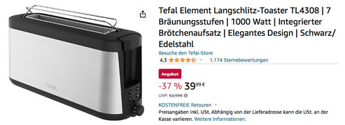 Tefal Element Langschlitz-Toaster TL4308, 1 lange Toastkammer - jetzt 19% billiger