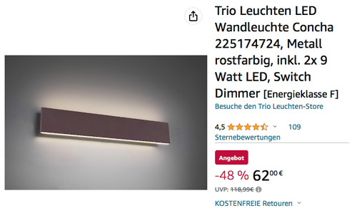 Trio Leuchten 225174724  LED Wandleuchte Concha Rost (Metall rostfarbig, 2x 9 Watt, 47 x 8 cm) - jetzt 14% billiger