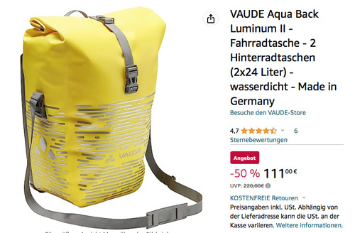 VAUDE Aqua Back Luminum II - 2x24 Liter Hinterradtaschen in Canary VAUDE Aqua Back Luminum II - 2x24 Liter Hinterradtaschen in Canary