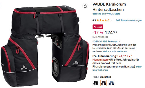 VAUDE Karakorum Dreifach-Hinterradtaschen in Schwarz/Rot (68 Liter, 68 Liter Maße: 60 x 51 x 31 cm) VAUDE Karakorum Dreifach-Hinterradtaschen in Schwarz/Rot (68 Liter, 68 Liter Maße: 60 x 51 x 31 cm)