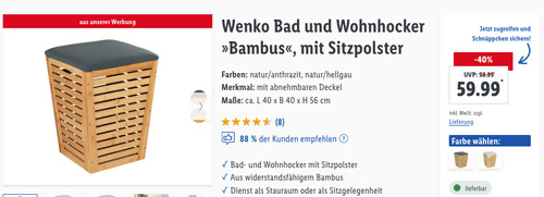 Wenko Bad- und Wohnhocker "Bambus" mit Sitzpolster und Stauraum in Anthrazit oder Hellgrau, ca. L 40 x B 40 x H 56 cm Wenko Bad- und Wohnhocker "Bambus" mit Sitzpolster und Stauraum in Anthrazit oder Hellgrau, ca. L 40 x B 40 x H 56 cm