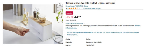 YAMAZAKI 4766 Tissue case double sided - Rin - Taschentuchbox in Beige/Natur - jetzt 15% billiger YAMAZAKI 4766 Tissue case double sided - Rin - Taschentuchbox in Beige/Natur - jetzt 15% billiger