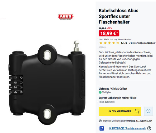 Abus Sportflex 90 cm Fahrrad Kabelschloss unter Flaschenhalter Abus Sportflex 90 cm Fahrrad Kabelschloss unter Flaschenhalter