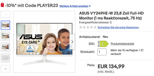 ASUS VY249HE-W 23,8 Zoll Full-HD Monitor in Weiß (1 ms Reaktionszeit, 75 Hz) ASUS VY249HE-W 23,8 Zoll Full-HD Monitor in Weiß (1 ms Reaktionszeit, 75 Hz)
