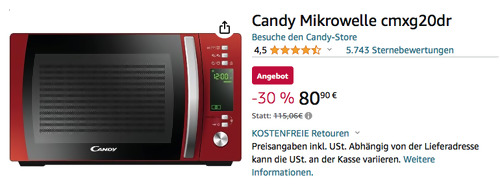 Candy CMXG20DR Mikrowelle in Rot (20 Liter, Rostfreier Edelstahl) - jetzt 21% billiger
