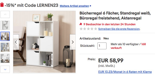 COSTWAY HW63873 6 Fächer Bücherregal/Standregal in Weiß, 60 cm x 29 cm x 90 cm - jetzt 15% billiger