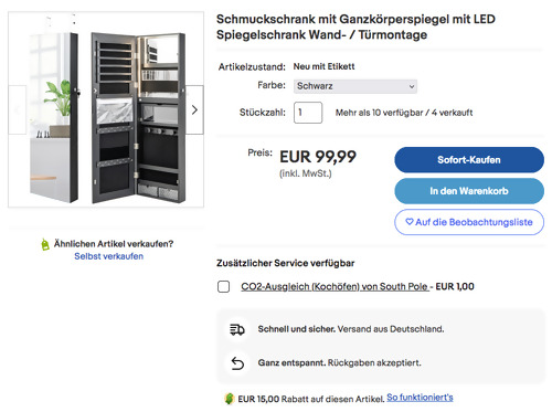 Costway Schmuckschrank mit Ganzkörperspiegel in Schwarz, 120 x 37 cm Außenspiegelgröße - jetzt 15% billiger