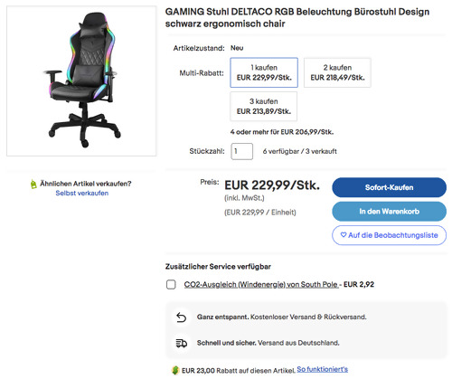 DELTACO GAMING Gamingstuhl Schwarz mit RGB Beleuchtung DELTACO GAMING Gamingstuhl Schwarz mit RGB Beleuchtung