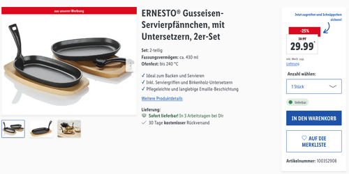 ERNESTO® Gusseisen-Servierpfännchen mit Untersetzern 2er-Set - jetzt 22% billiger