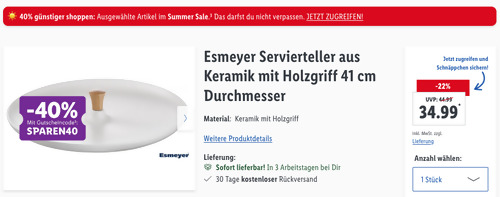Esmeyer 41 cm Servierteller aus Keramik mit Holzgriff - jetzt 40% billiger