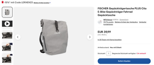 FISCHER Gepäckträgertasche PLUS Cita in Grau mit Tragegriff und Schultergurt, 34 x 57 x 18 cm FISCHER Gepäckträgertasche PLUS Cita in Grau mit Tragegriff und Schultergurt, 34 x 57 x 18 cm