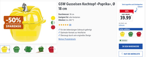 GSW 18 cm Gusseisen Kochtopf "Paprika", versch. Farben - jetzt 50% billiger