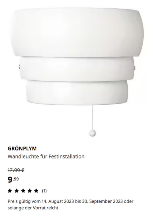 IKEA Wuppertal - GRÖNPLYM Wandleuchte für Festinstallation, weiß, 27 cm - jetzt 44% billiger