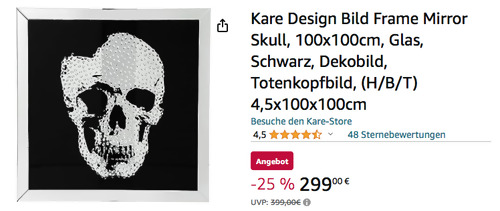 Kare Design 100x100cm Bild Frame Mirror Skull, Totenkopfbild in Schwarz-Silber Kare Design 100x100cm Bild Frame Mirror Skull, Totenkopfbild in Schwarz-Silber