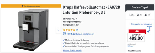 Krups Kaffeevollautomat "EA872B Intuition Preference", 11 Getränkespezialitäten - jetzt 12% billiger Krups Kaffeevollautomat "EA872B Intuition Preference", 11 Getränkespezialitäten - jetzt 12% billiger