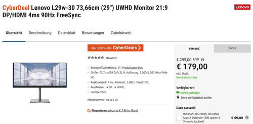 Lenovo L29w-30 73,66cm (29") UWHD Monitor (21:9, DP/HDMI, 4ms, 90Hz, FreeSync) Lenovo L29w-30 73,66cm (29") UWHD Monitor (21:9, DP/HDMI, 4ms, 90Hz, FreeSync)