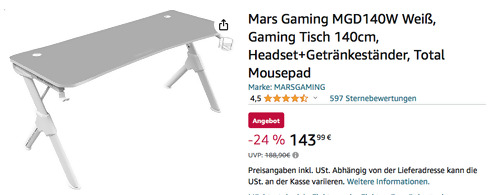 Mars Gaming MGD140W 140cm Gaming Tisch in Weiß (Headset+Getränkeständer, Total Mousepad) Mars Gaming MGD140W 140cm Gaming Tisch in Weiß (Headset+Getränkeständer, Total Mousepad)