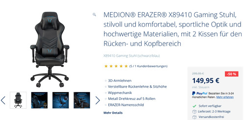 MEDION® ERAZER® X89410 Gaming Stuhl mit 2 Kissen für den Rücken- und Kopfbereich MEDION® ERAZER® X89410 Gaming Stuhl mit 2 Kissen für den Rücken- und Kopfbereich