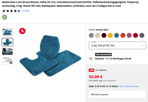 Otto.de - 20% Rabatt auf Badezimmerartikel: z.B. Bruno Banani Badematte 3-tlg. Stand-WC Set Lana Otto.de - 20% Rabatt auf Badezimmerartikel: z.B. Bruno Banani Badematte 3-tlg. Stand-WC Set Lana