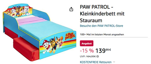 PAW PATROL 140 x 70 cm Kleinkinderbett mit Stauraum - jetzt 15% billiger PAW PATROL 140 x 70 cm Kleinkinderbett mit Stauraum - jetzt 15% billiger