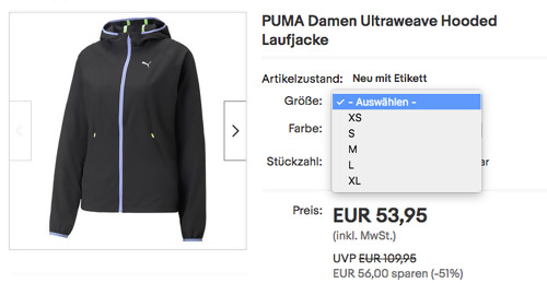 PUMA Damen Ultraweave Hooded Laufjacke in Schwarz, XS-XL PUMA Damen Ultraweave Hooded Laufjacke in Schwarz, XS-XL