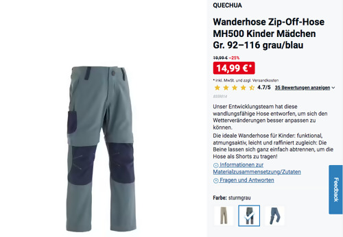 QUECHUA Kinder Mädchen Wanderhose Zip-Off-Hose MH500 in Grau/Blau, 103-122 cm QUECHUA Kinder Mädchen Wanderhose Zip-Off-Hose MH500 in Grau/Blau, 103-122 cm