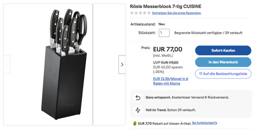 Rösle 7-tlg. Messerblock "Cuisine" in Schwarz Rösle 7-tlg. Messerblock "Cuisine" in Schwarz