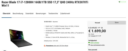 Razer Blade 17 RZ09-0423NGD3-R3G1 Gaming Laptop (17,3", i7-12800H, 16GB/1TB SSD, RTX3070Ti, Win11) Razer Blade 17 RZ09-0423NGD3-R3G1 Gaming Laptop (17,3", i7-12800H, 16GB/1TB SSD, RTX3070Ti, Win11)