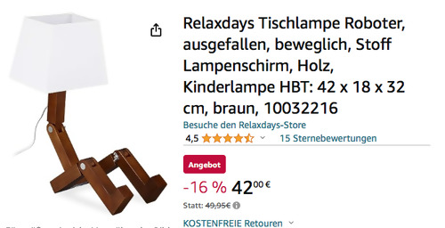 Relaxdays 10032216 Tischlampe "Roboter" in Braun (Holz, Stoff Lampenschirm, E14) Relaxdays 10032216 Tischlampe "Roboter" in Braun (Holz, Stoff Lampenschirm, E14)