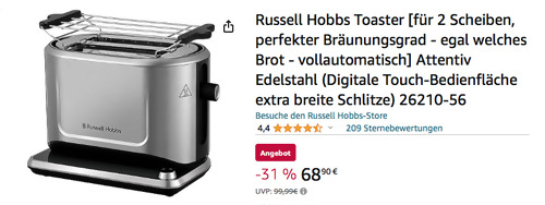 Russell Hobbs 26210-56 2-Scheiben Toaster (Digitale Touch-Bedienfläche, extra breite Schlitze) - jetzt 11% billiger Russell Hobbs 26210-56 2-Scheiben Toaster (Digitale Touch-Bedienfläche, extra breite Schlitze) - jetzt 11% billiger