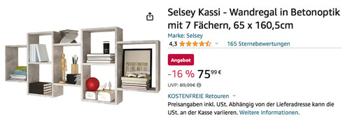 Selsey Kassi - Wandregal in Betonoptik mit 7 Fächern, 65 x 160,5cm - jetzt 16% billiger Selsey Kassi - Wandregal in Betonoptik mit 7 Fächern, 65 x 160,5cm - jetzt 16% billiger