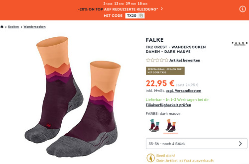 SportScheck.com - 20% Rabatt auf ausgewählte Kleidung: z.B. Falke TK2 Crest - Damen Wandersocken in Dark Mauve, 35-36 SportScheck.com - 20% Rabatt auf ausgewählte Kleidung: z.B. Falke TK2 Crest - Damen Wandersocken in Dark Mauve, 35-36