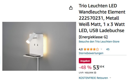 Trio Leuchten LED Wandleuchte "Element" in Weiß Matt (Metall, USB Ladebuchse) - jetzt 11% billiger Trio Leuchten LED Wandleuchte "Element" in Weiß Matt (Metall, USB Ladebuchse) - jetzt 11% billiger