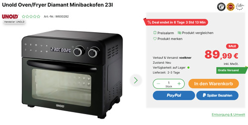 Unold 68895 Oven/Fryer Diamant 23l Minibackofen (1700 W, 8 Automatikprogramme) Unold 68895 Oven/Fryer Diamant 23l Minibackofen (1700 W, 8 Automatikprogramme)
