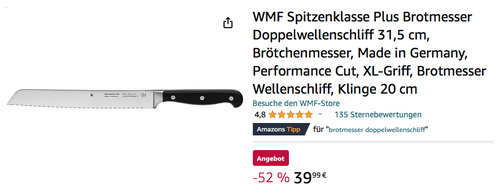 WMF Spitzenklasse Plus 31,5 cm Brotmesser, 20 cm Doppelwellenschliff Klinge - jetzt 27% billiger WMF Spitzenklasse Plus 31,5 cm Brotmesser, 20 cm Doppelwellenschliff Klinge - jetzt 27% billiger