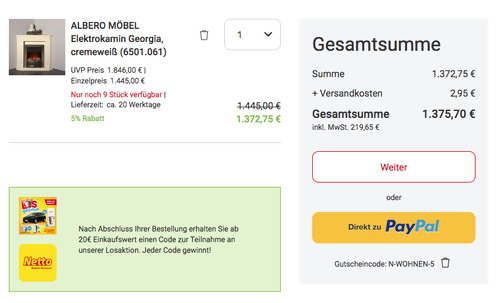 ALBERO MÖBEL Elektrokamin "Georgia" in Cremeweiß ( ca. B 101 x H 97 x T 59 cm, 1000/2000 Watt) - jetzt 5% billiger
