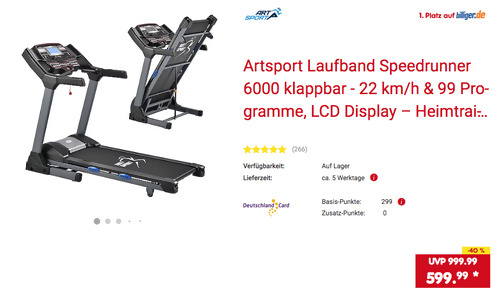 Artsport Laufband Speedrunner 6000 (99 Trainingsprogramme, max. 22 km/h, klappbar) Artsport Laufband Speedrunner 6000 (99 Trainingsprogramme, max. 22 km/h, klappbar)