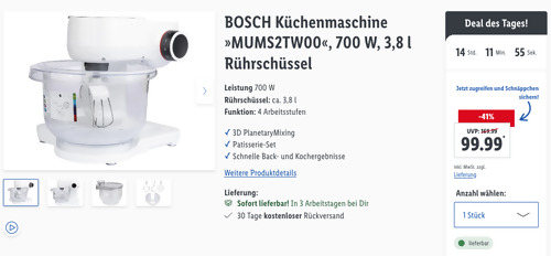 BOSCH Küchenmaschine "MUMS2TW00" mit Patisserie-Set (4 Arbeitsstufen, 700 W, 3,8 l Rührschüssel) BOSCH Küchenmaschine "MUMS2TW00" mit Patisserie-Set (4 Arbeitsstufen, 700 W, 3,8 l Rührschüssel)