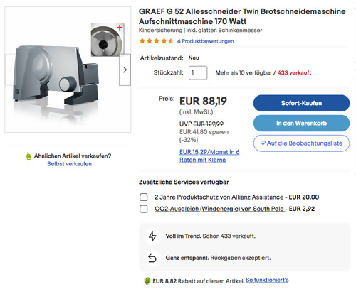 GRAEF G 52 Allesschneider Twin Brotschneidemaschine inkl. Schinkenmesser, 170 Watt - jetzt 10% billiger
