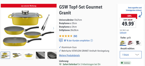 GSW 5-tlg. Topf-Set Gourmet Granit in Gelb, Aluminium-Guss GSW 5-tlg. Topf-Set Gourmet Granit in Gelb, Aluminium-Guss