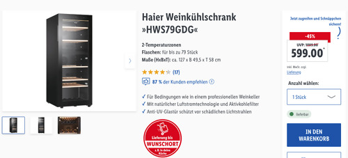 Haier Weinkühlschrank "HWS79GDG" bis zu 79 Flaschen, ca. 127 x B 49,5 x T 58 cm Haier Weinkühlschrank "HWS79GDG" bis zu 79 Flaschen, ca. 127 x B 49,5 x T 58 cm